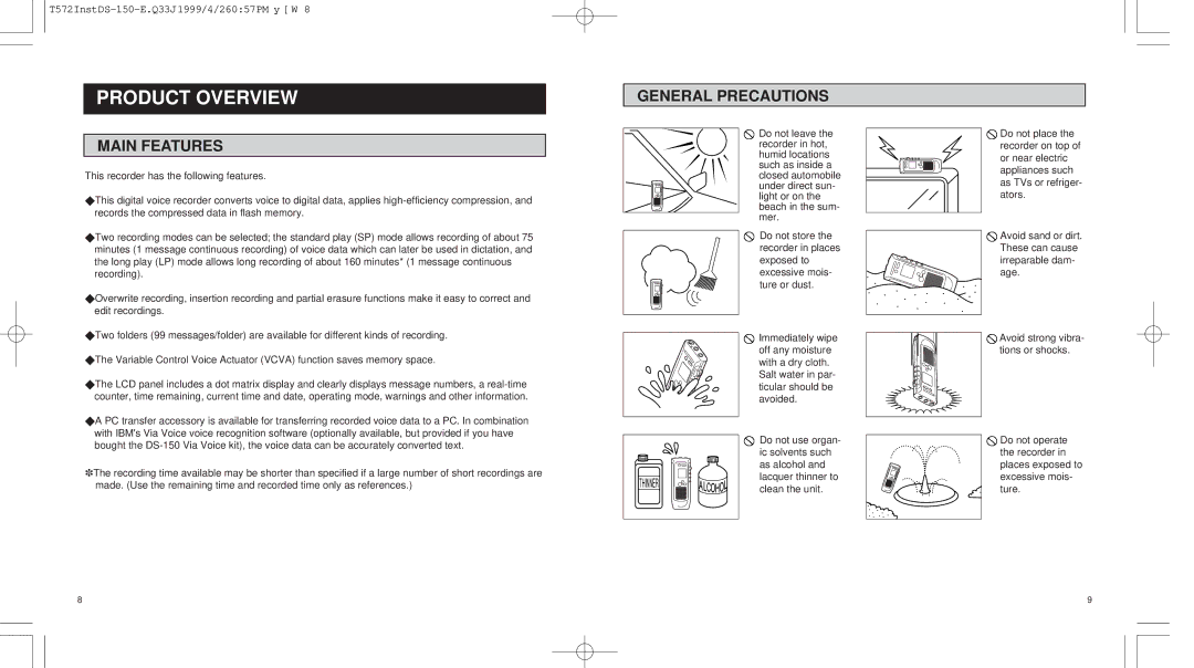 Olympus 150 operation manual Product Overview, General Precautions Main Features 