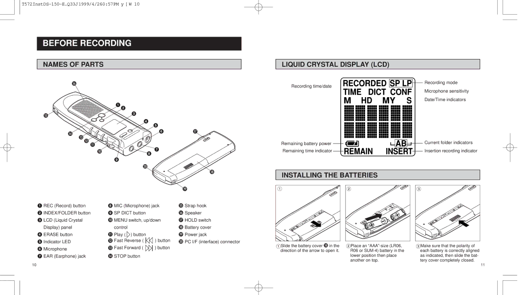 Olympus 150 operation manual Before Recording, Names of Parts Liquid Crystal Display LCD, Installing the Batteries 