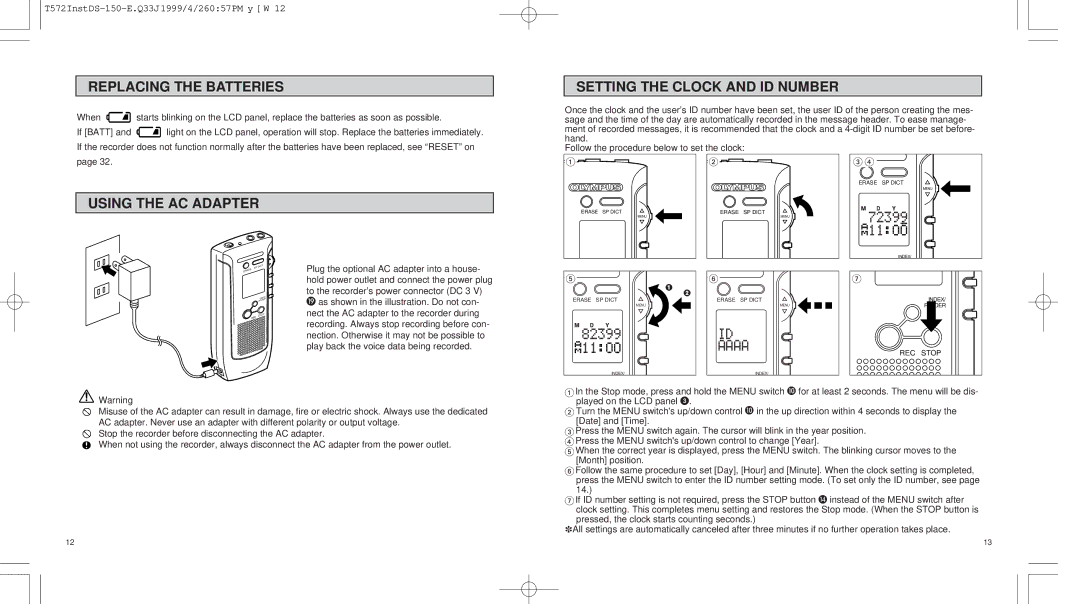 Olympus 150 operation manual Replacing the Batteries, Using the AC Adapter Setting the Clock and ID Number 