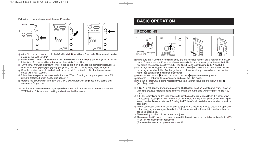 Olympus 150 operation manual Basic Operation, Recording 