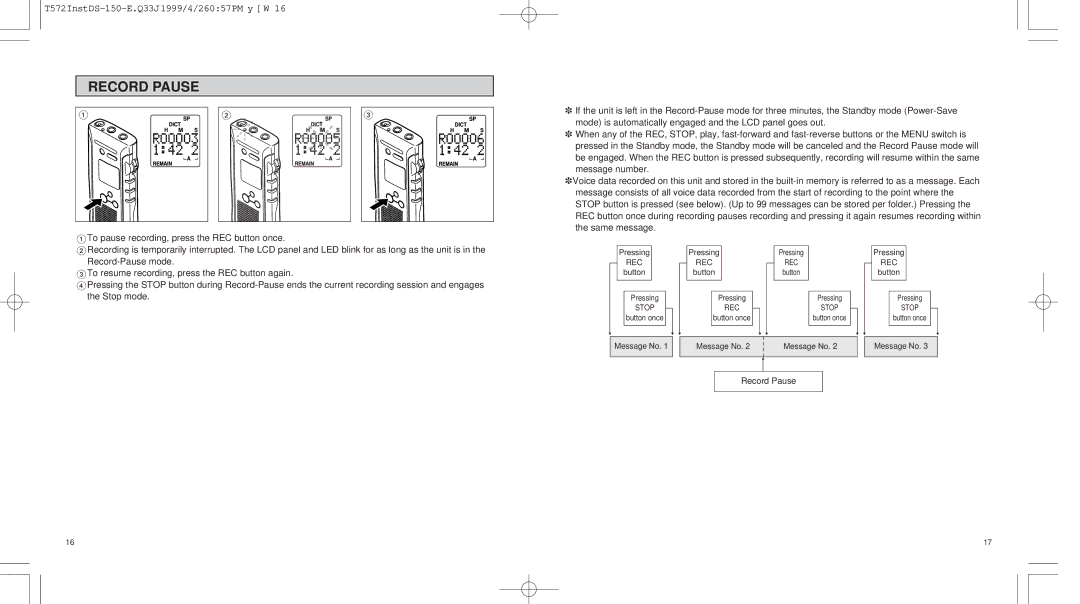 Olympus 150 operation manual Record Pause 