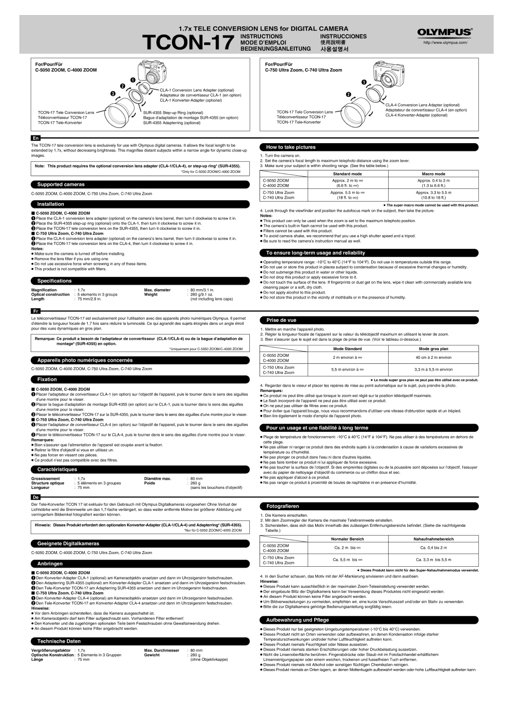 Olympus 17 specifications Supported cameras, Installation, Specifications, How to take pictures, Fixation, Prise de vue 