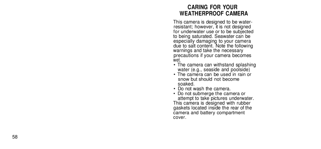 Olympus 170 Deluxe manual Caring for Your Weatherproof Camera 