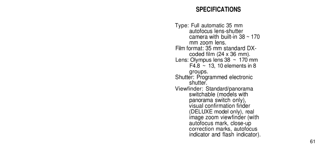 Olympus 170 Deluxe manual Specifications, Shutter Programmed electronic shutter, Indicator and flash indicator 