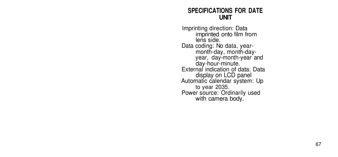 Olympus 170 Deluxe manual Specifications for Date, Unit 