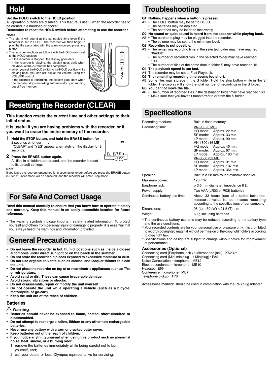 Olympus 1800, 900, 3600 manual Hold, Resetting the Recorder Clear, Batteries, Accessories Optional 