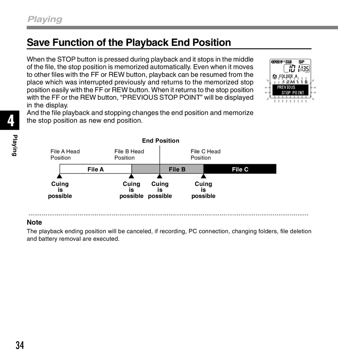 Olympus 2 manual Save Function of the Playback End Position, Playing 