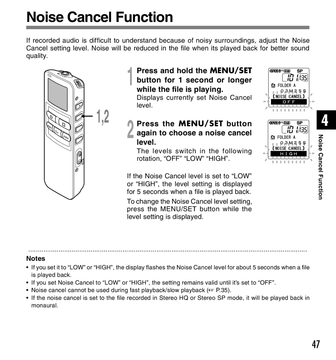 Olympus 2 manual Noise Cancel Function, While the file is playing, Level, Displays currently set Noise Cancel 