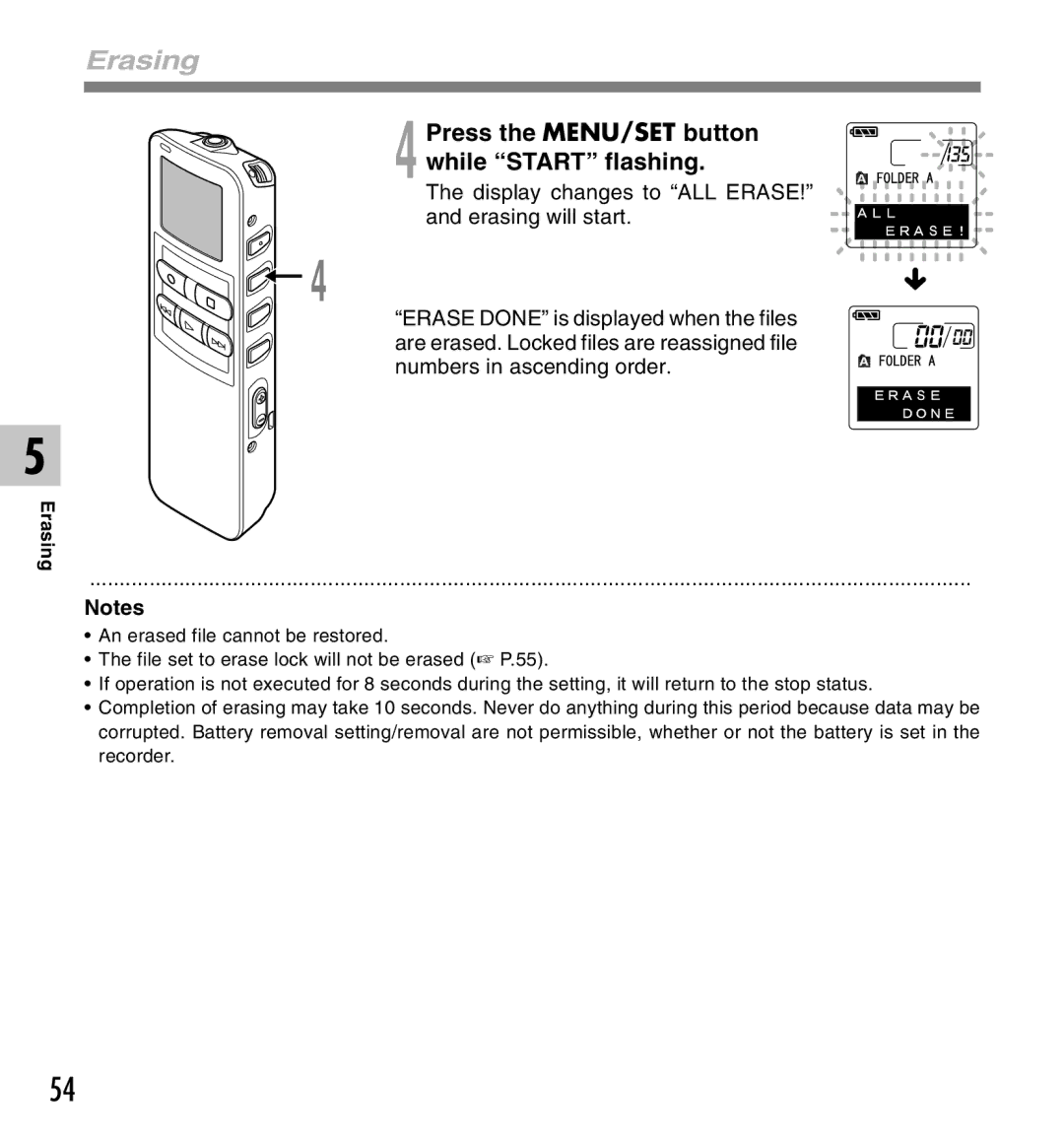 Olympus 2 manual Display changes to ALL Erase, Erasing will start 