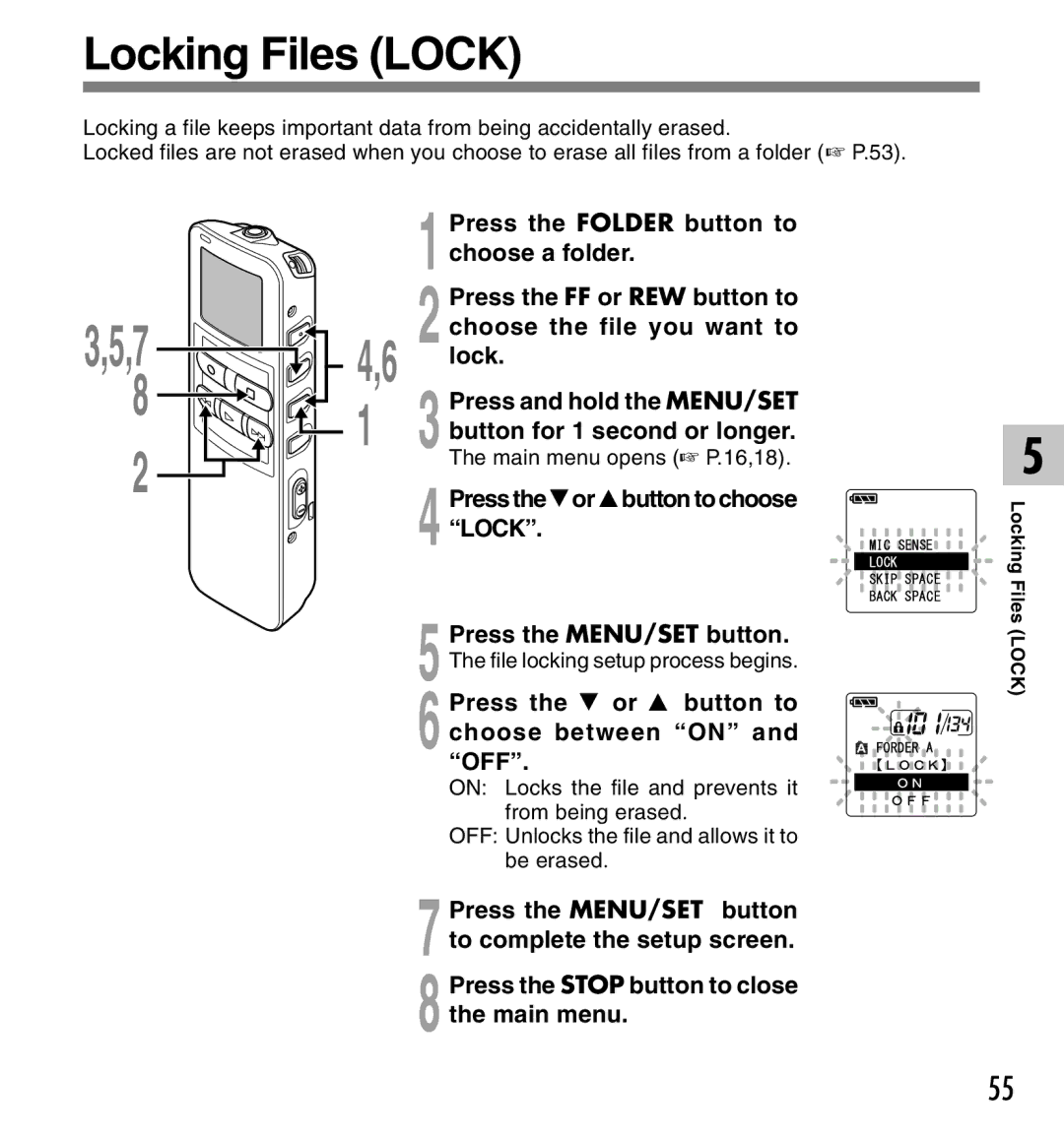 Olympus 2 manual Locking Files Lock, Main menu opens P.16,18, File locking setup process begins 