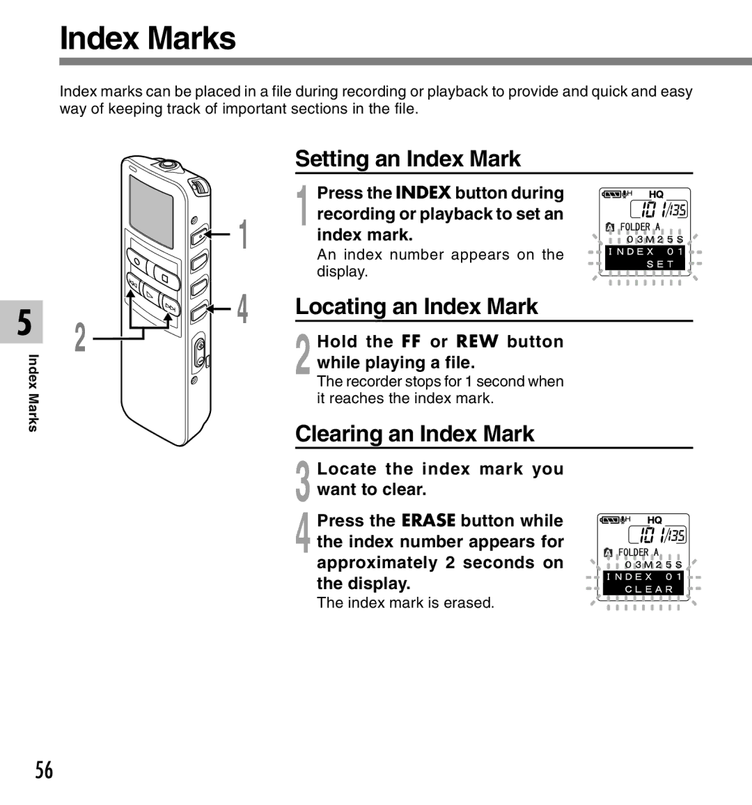 Olympus 2 manual Index Marks, Setting an Index Mark, Locating an Index Mark, Clearing an Index Mark 