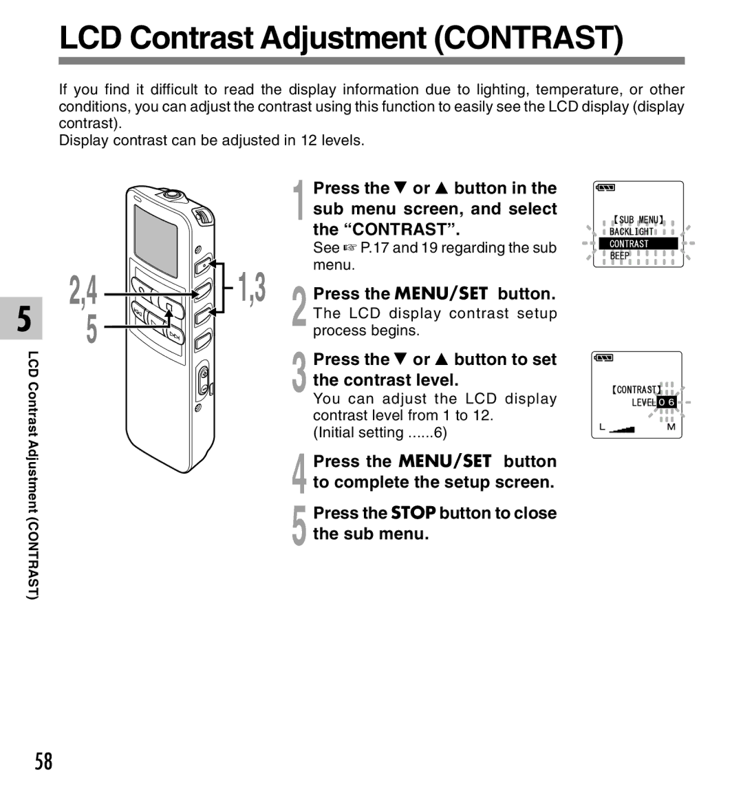 Olympus manual LCD Contrast Adjustment Contrast, Press the 3 or 2 button to set the contrast level 