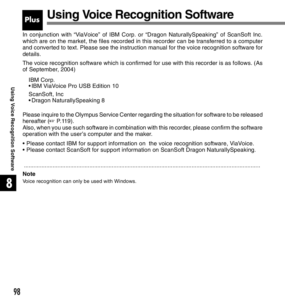 Olympus 2 manual Plus Using Voice Recognition Software 