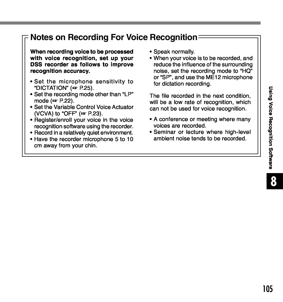 Olympus 2 manual Notes on Recording For Voice Recognition 