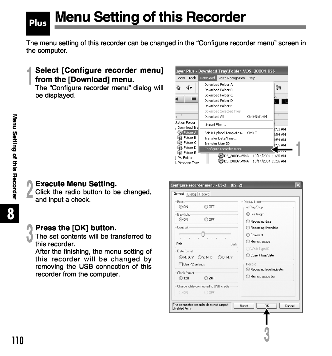 Olympus 2 Plus Menu Setting of this Recorder, 1Select Configure recorder menu from the Download menu, 3Press the OK button 