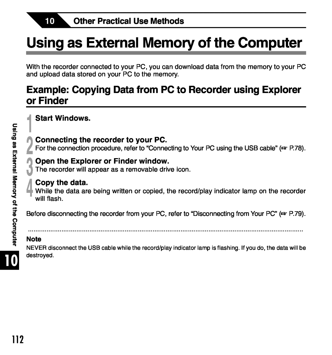 Olympus 2 Using as External Memory of the Computer, Example Copying Data from PC to Recorder using Explorer or Finder 