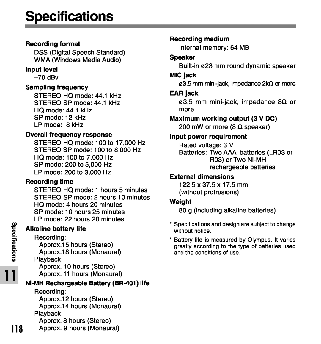 Olympus 2 manual Specifications 
