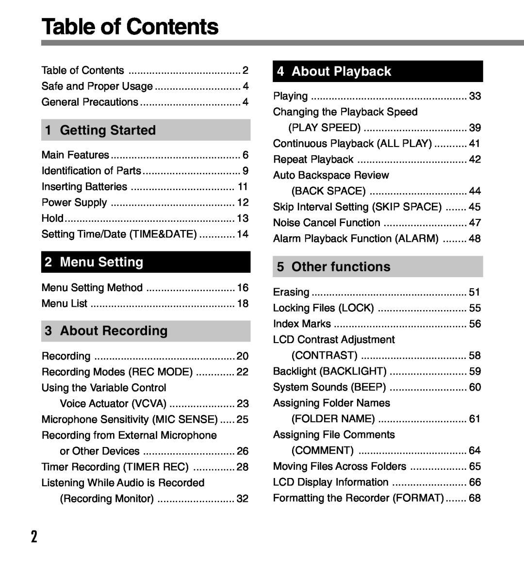 Olympus 2 manual Table of Contents, Getting Started, Menu Setting, About Recording, About Playback, Other functions 