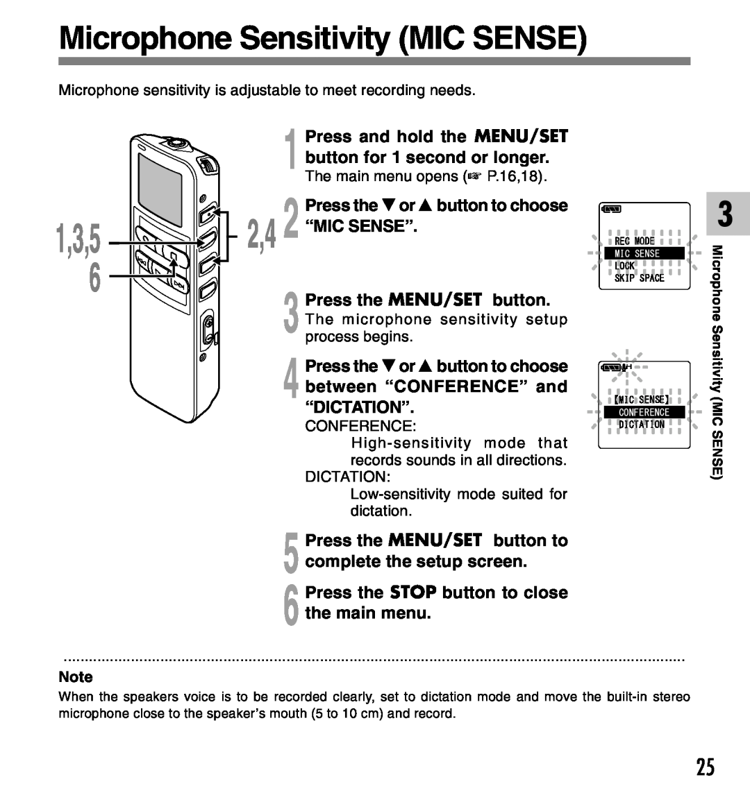 Olympus manual Microphone Sensitivity MIC SENSE, 1,3,5, 2,4 “MIC SENSE”, Press and hold the MENU/SET 