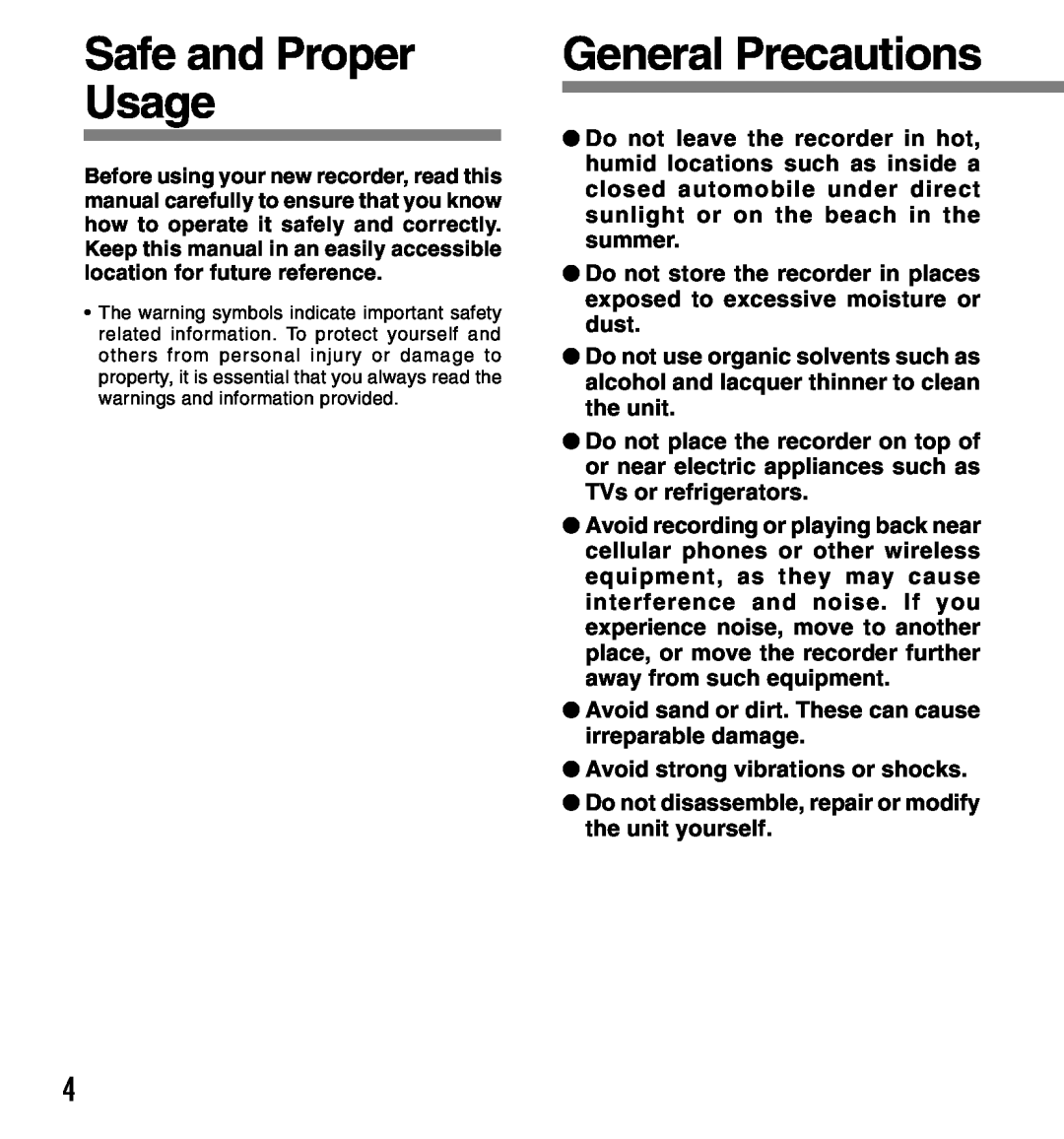 Olympus 2 manual Safe and Proper Usage, General Precautions 