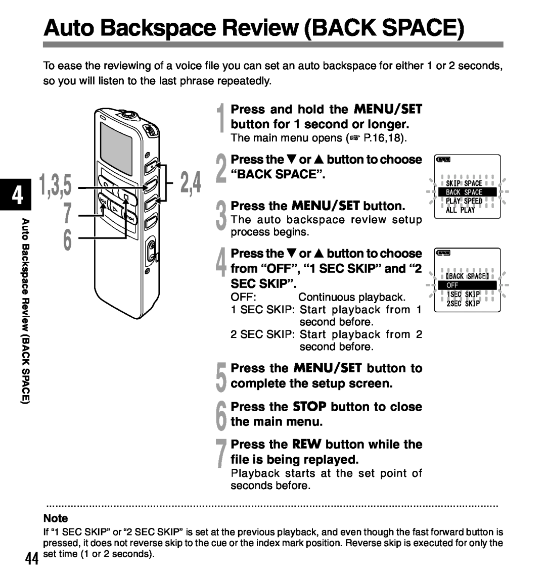 Olympus manual Auto Backspace Review BACK SPACE, 1,3,5, “Back Space”, 2,4 2Press the MENU/SET button, Sec Skip” 