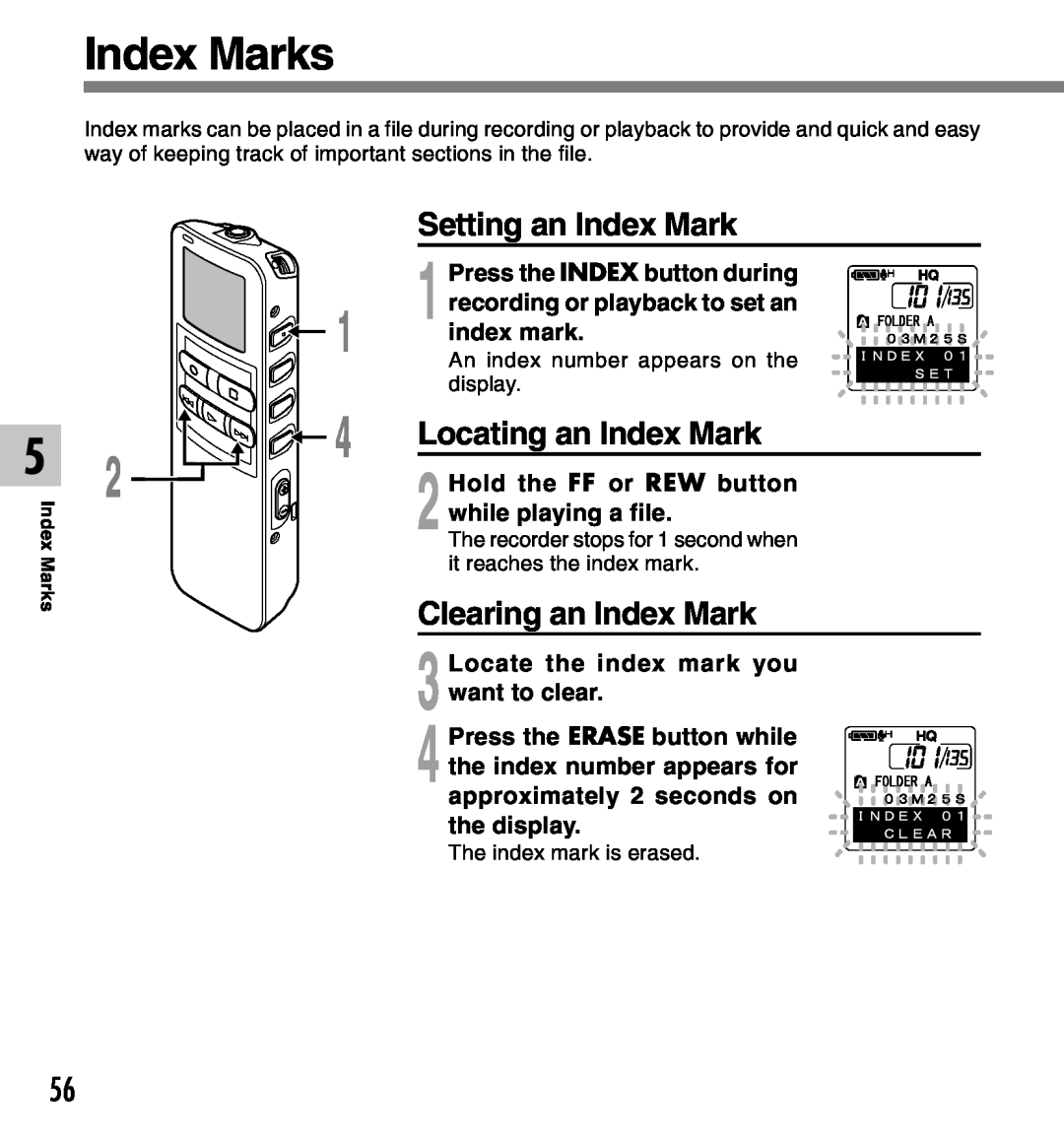 Olympus 2 manual Index Marks, Setting an Index Mark, Locating an Index Mark, Clearing an Index Mark, index mark 