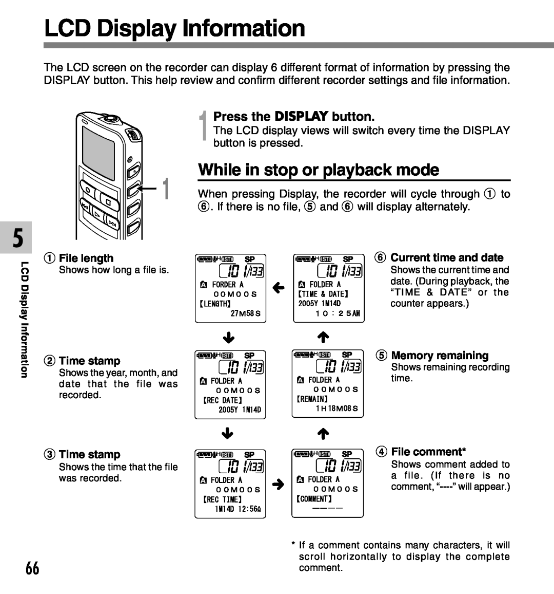 Olympus 2 manual LCD Display Information, While in stop or playback mode, Press the DISPLAY button 