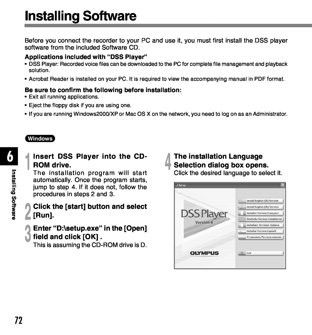 Olympus manual Installing Software, 1Insert DSS Player into the CD- ROM drive, 2Click the start button and select Run 