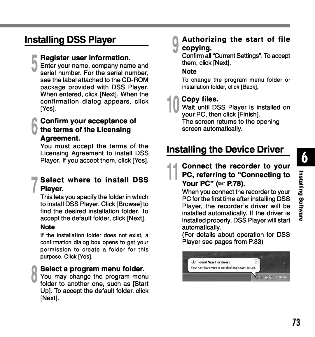 Olympus 2 manual Installing DSS Player, Installing the Device Driver, Select where to install DSS Player, 10Copy files 