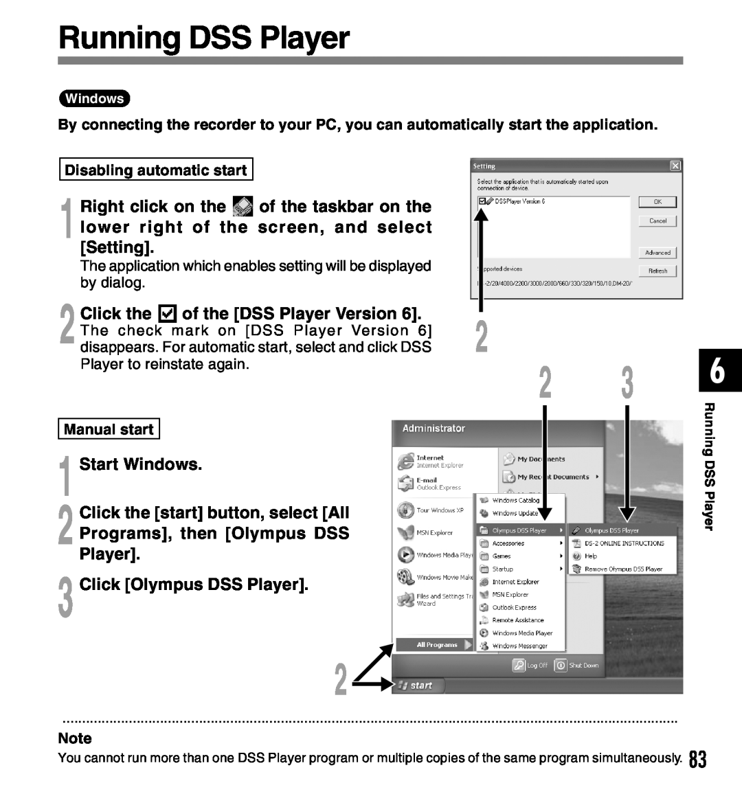 Olympus 2 manual Running DSS Player, of the DSS Player Version, Start Windows, Click the start button, select All 