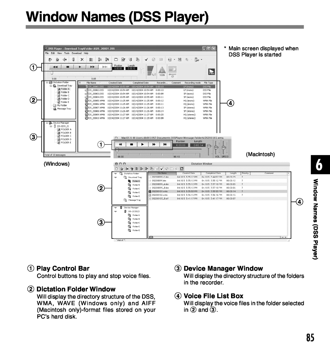 Olympus 2 Window Names DSS Player, Play Control Bar, Dictation Folder Window, Device Manager Window, Voice File List Box 