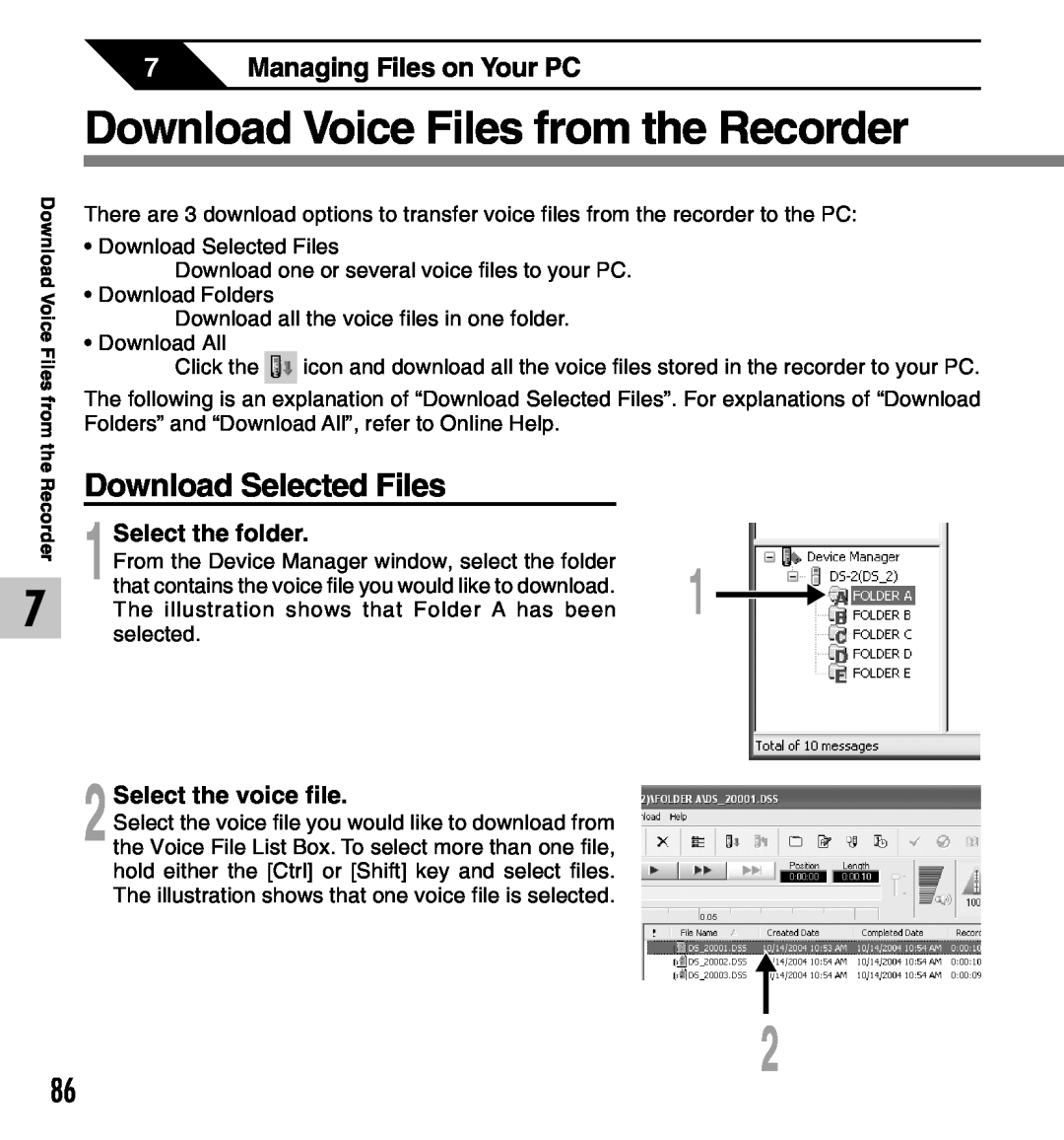 Olympus Download Voice Files from the Recorder, Download Selected Files, 1Select the folder, 2Select the voice file 