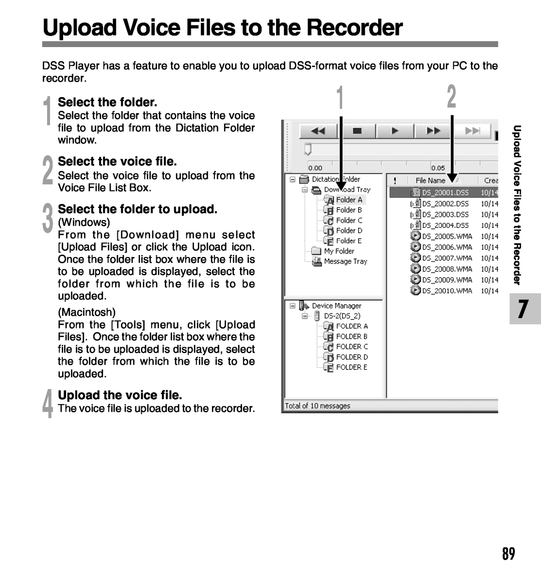Olympus 2 Upload Voice Files to the Recorder, Select the folder to upload, Upload the voice file, Select the voice file 