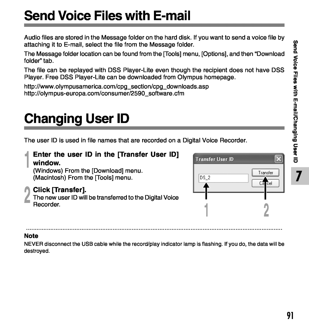 Olympus 2 manual Send Voice Files with E-mail, Changing User ID, Enter the user ID in the Transfer User ID, window 