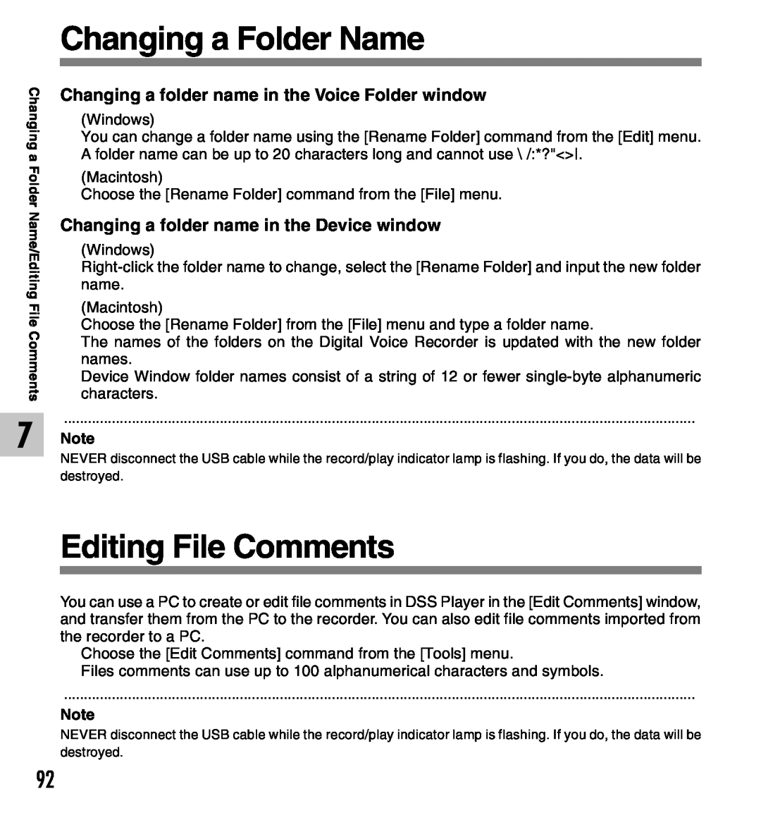 Olympus 2 manual Changing a Folder Name, Editing File Comments, Changing a folder name in the Voice Folder window 