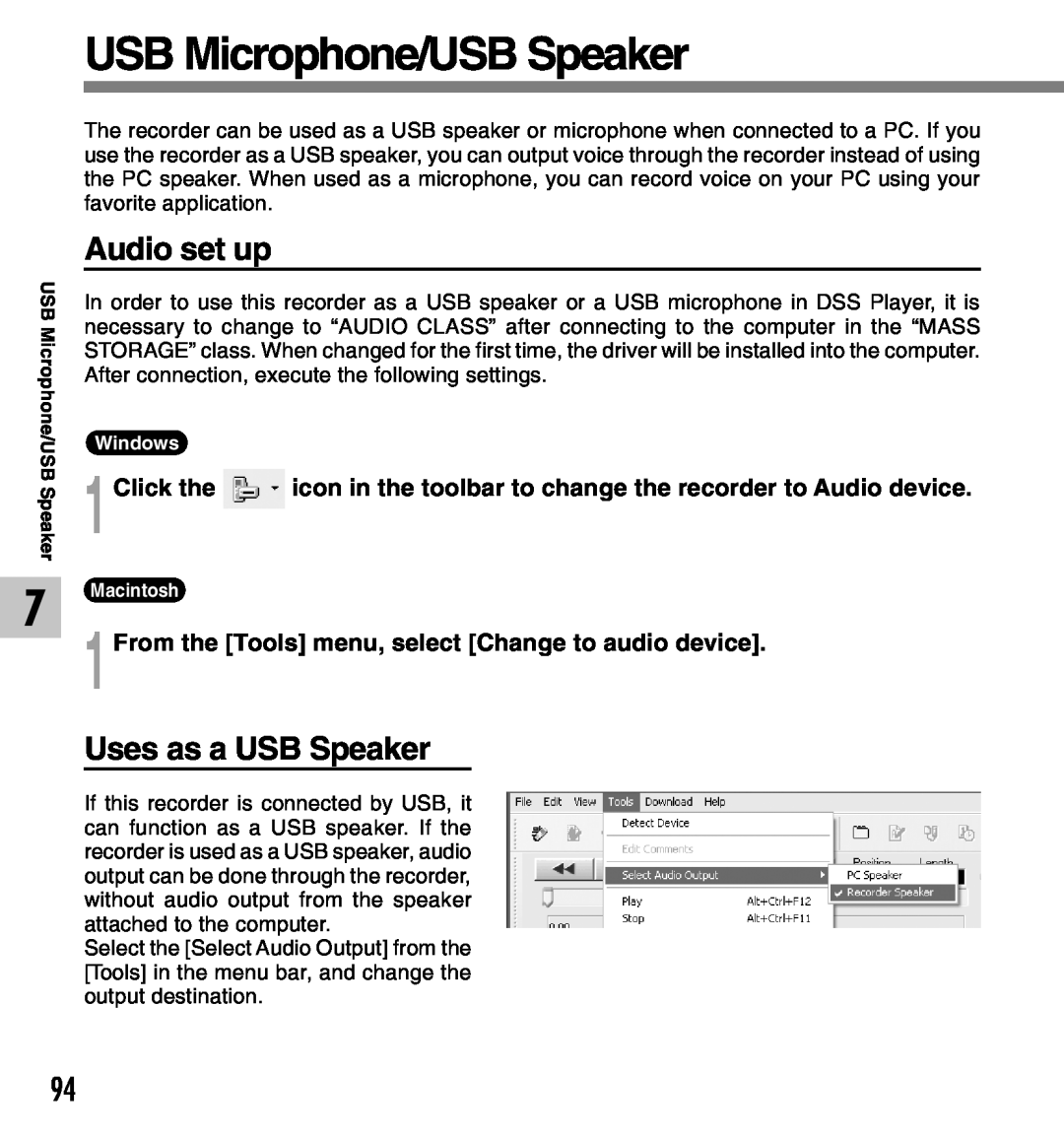 Olympus 2 manual USB Microphone/USB Speaker, Audio set up, Uses as a USB Speaker 