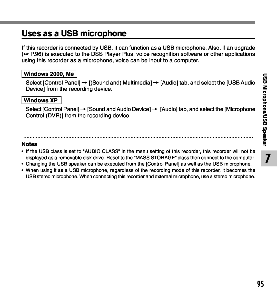 Olympus manual Uses as a USB microphone, Windows 2000, Me, Windows XP 