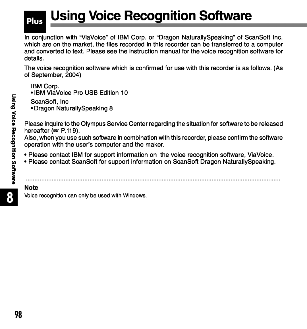Olympus 2 manual Plus Using Voice Recognition Software 