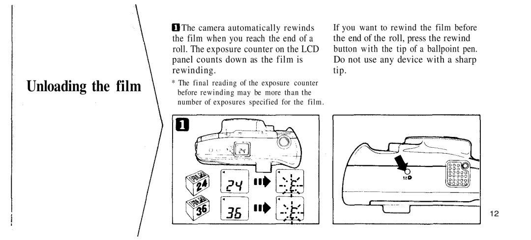 Olympus 210 manual Unloading the film, Film when you reach the end of a, Panel counts down as the film is, Rewinding Tip 