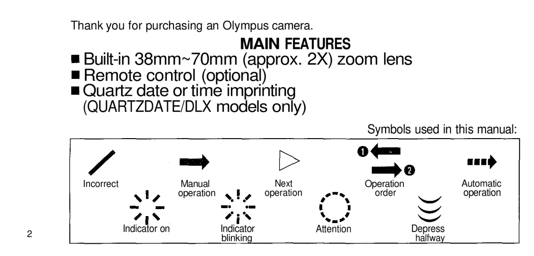 Olympus 211 QUARTZDATE/DLX models only, Symbols used in this manual 