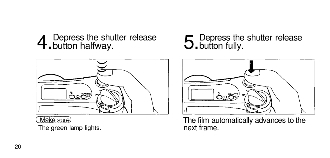 Olympus 211 manual Depress the shutter release, Next frame, Film automatically advances to 