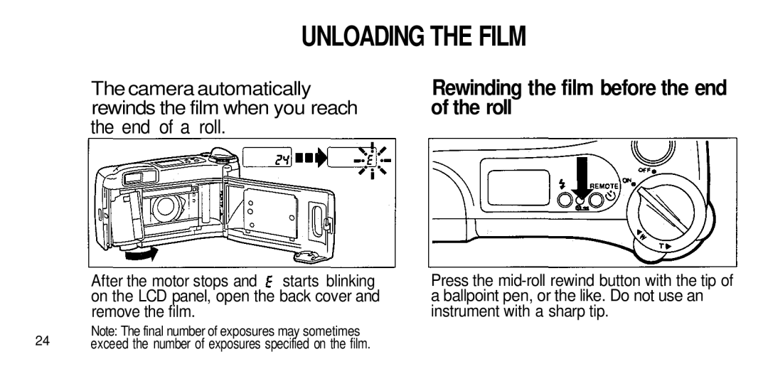 Olympus 211 manual Unloading the Film, Roll, Camera automatically, Rewinds the film when you reach, End of a roll 