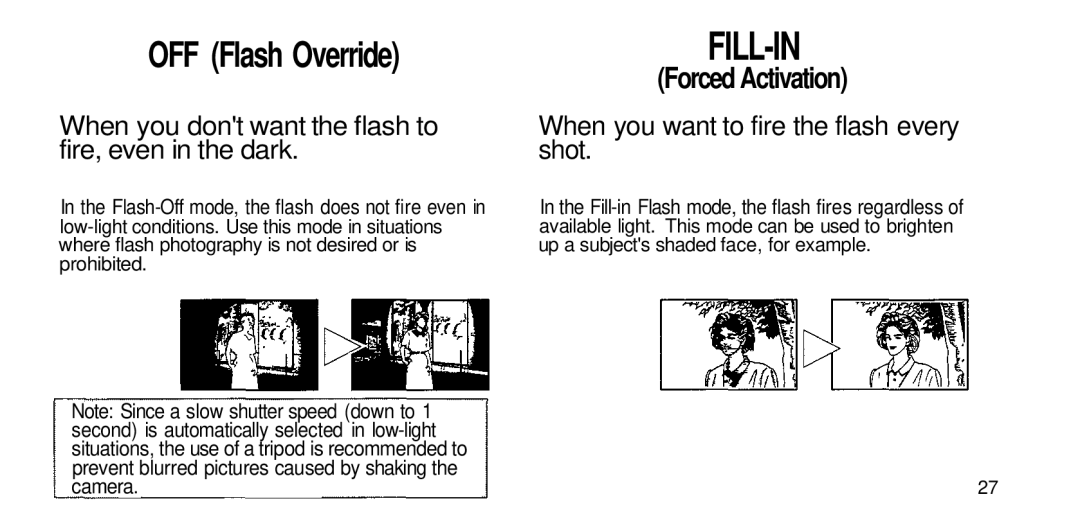 Olympus 211 manual Fill-In, Forced Activation, When you dont want the flash to fire, even in the dark 