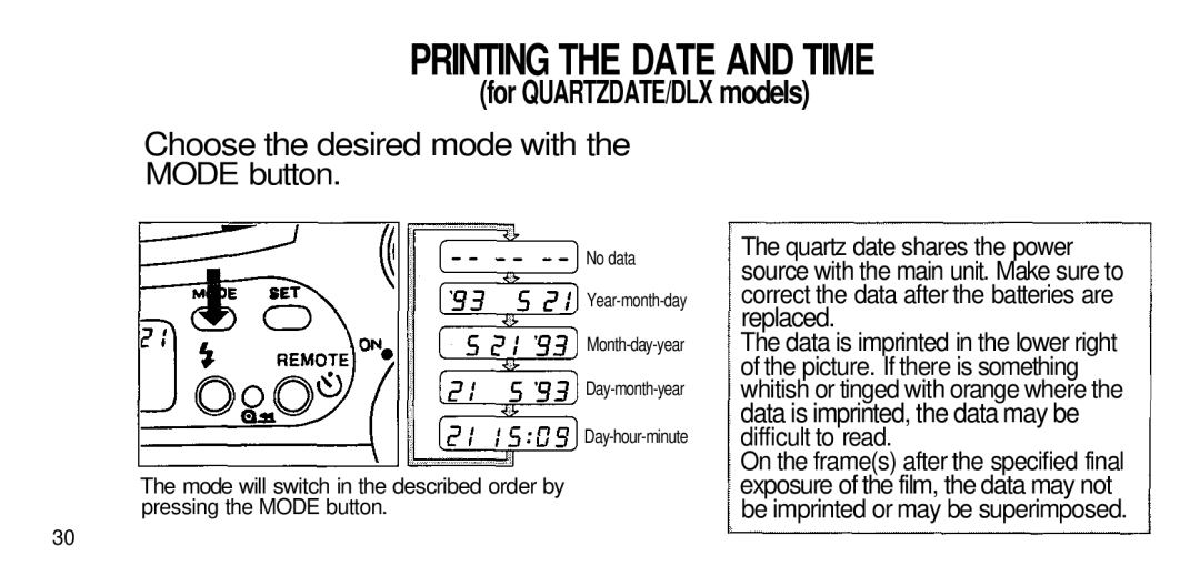 Olympus 211 manual Printing the Date and Time, For QUARTZDATE/DLX models, Difficult to read 