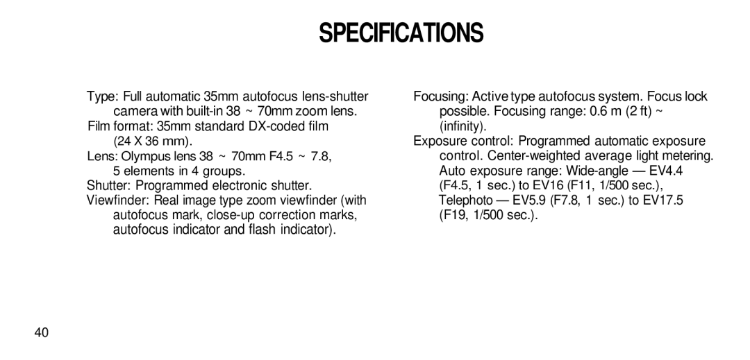 Olympus 211 manual Specifications 