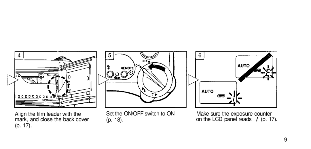 Olympus 211 manual Align the film leader with Set the ON/OFF switch to on 