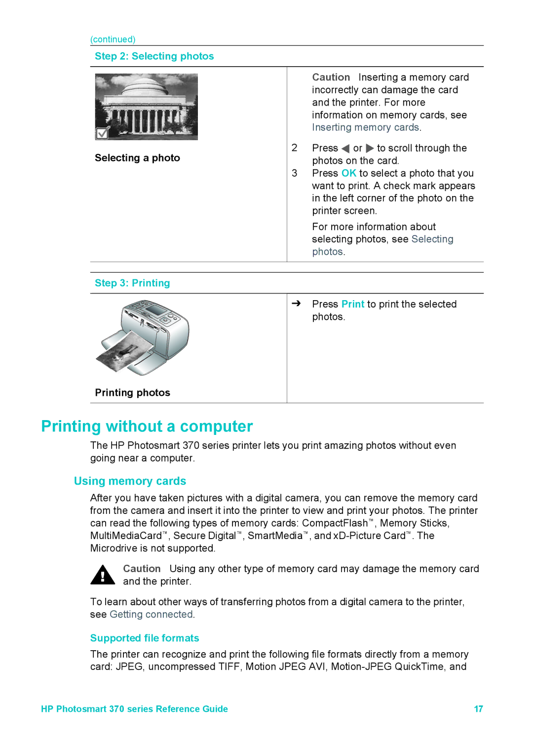 Olympus 370 series manual Printing without a computer, Selecting a photo, Printing photos, Supported file formats 