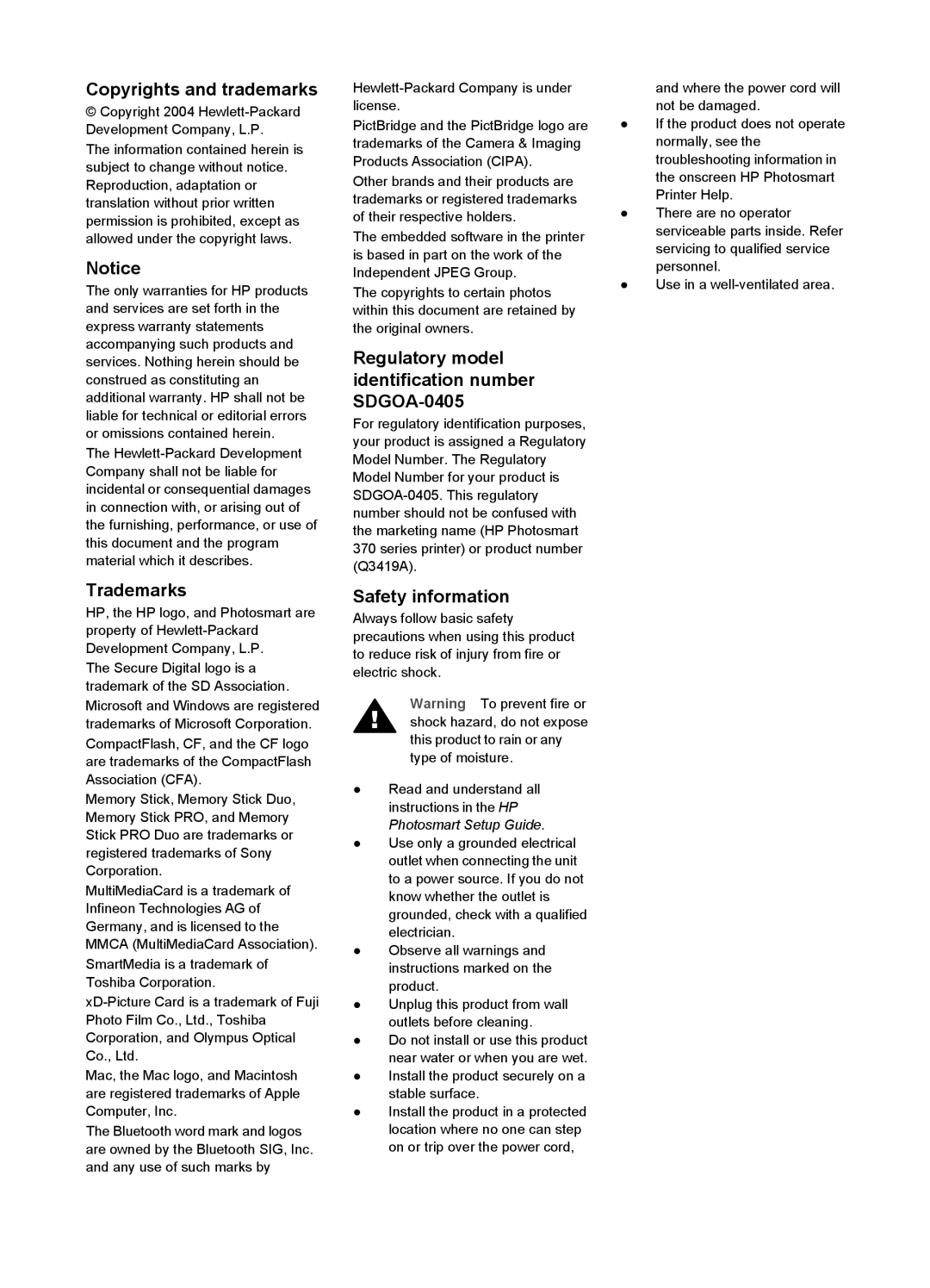 Olympus 370 series manual Copyrights and trademarks, Trademarks, Regulatory model identification number SDGOA-0405 