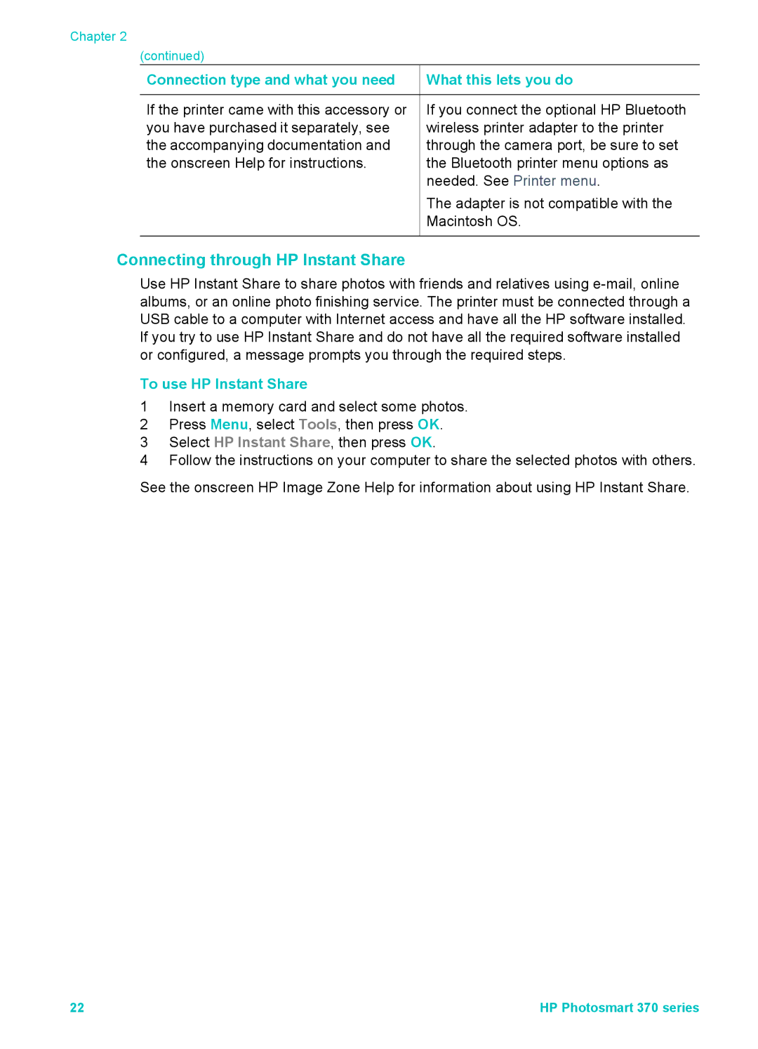 Olympus 370 series manual Connection type and what you need What this lets you do, To use HP Instant Share 