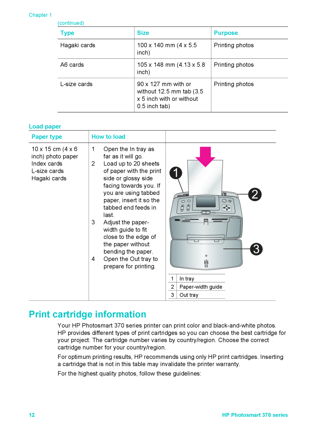 Olympus 370 series manual Print cartridge information, Load paper Paper type, How to load, Type, Size, Purpose 